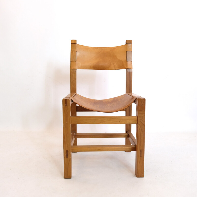 Vintage solid elm and leather chair by Maison Regain, 1960-70s