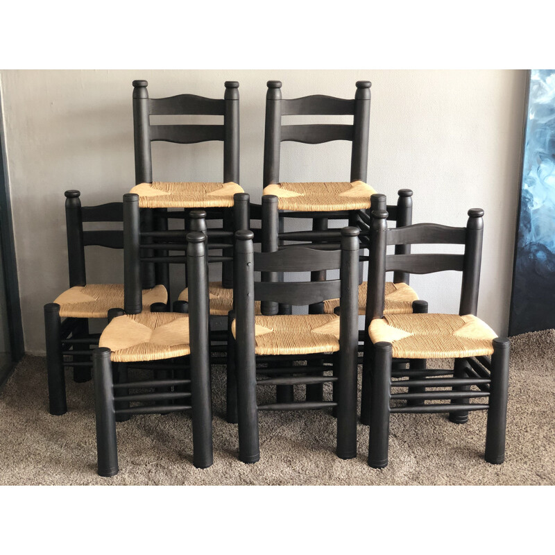 Set of 8 solid oak vintage chairs, stained black Charles Dudouyt 1940