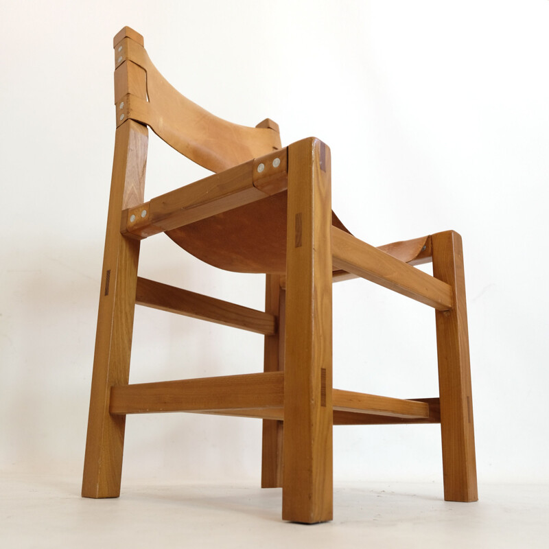 Chaise vintage en orme massif et cuir par Maison Regain, 1960-70