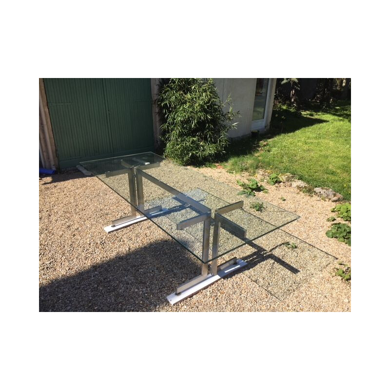 Large vintage aluminum and glass table, 1970-80s