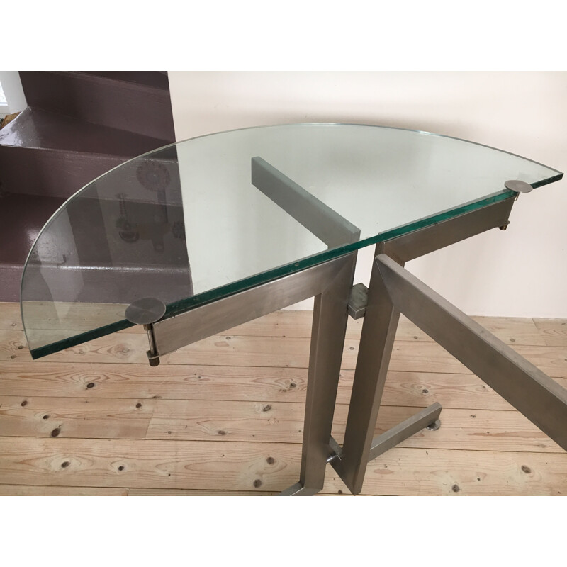 Grande table vintage en aluminium et verre, 1970-80
