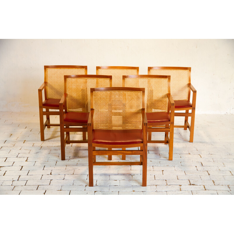 Set of 6 KINGSERIES armchairs in mahogany, leather and wickerwork by Thygsen & Sorensen, 1970