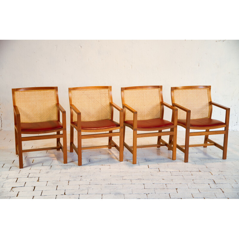 Set of 6 KINGSERIES armchairs in mahogany, leather and wickerwork by Thygsen & Sorensen, 1970