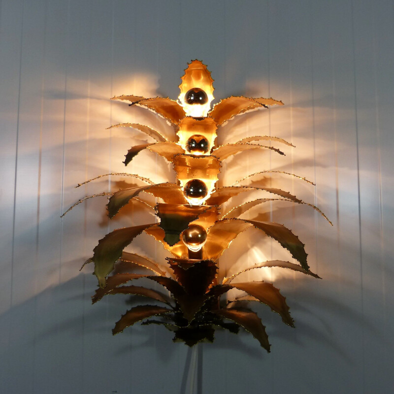 Vintage Brutalist brass palm tree wall lamp 1960