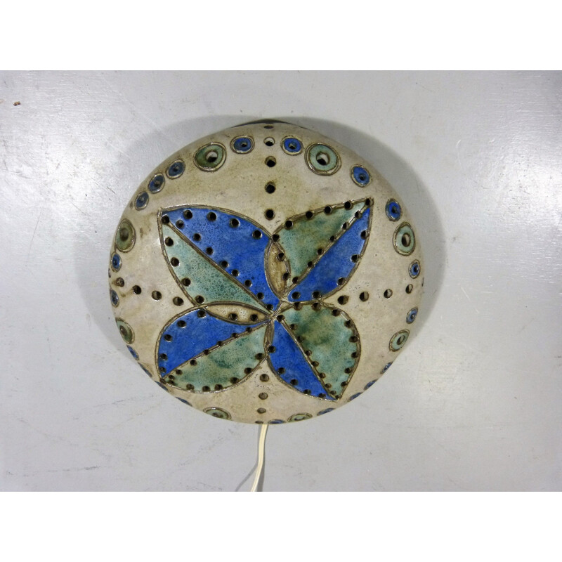 Aplique de cerámica vintage en beige marrón verde y azul de Hannie Mein, Países Bajos 1960