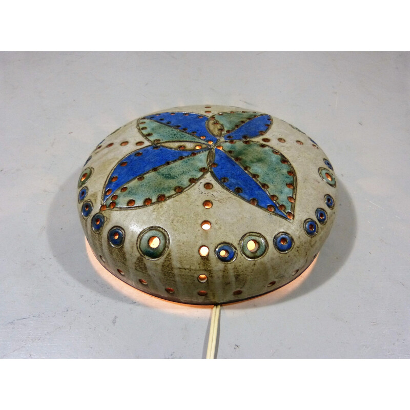 Vintage pottery wall lamp in beige brown green and blue by Hannie Mein, Netherlands 1960