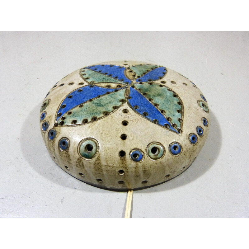 Vintage pottery wall lamp in beige brown green and blue by Hannie Mein, Netherlands 1960