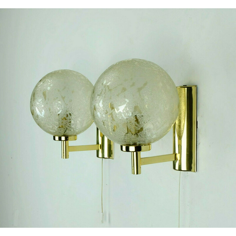 Vintage Wall lights sconces textured amber colored glass and gold metal 1980