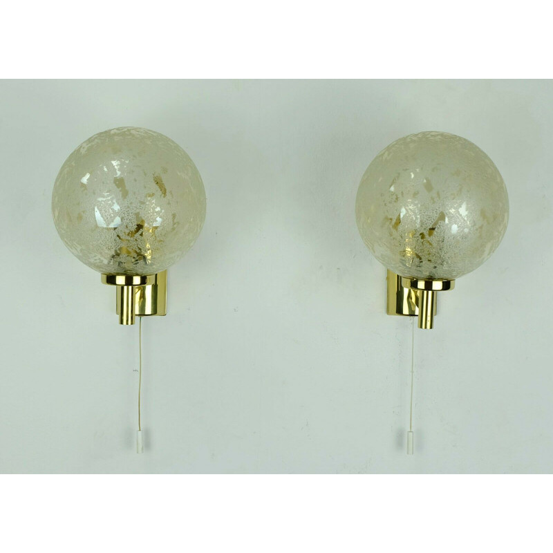 Vintage Wall lights sconces textured amber colored glass and gold metal 1980
