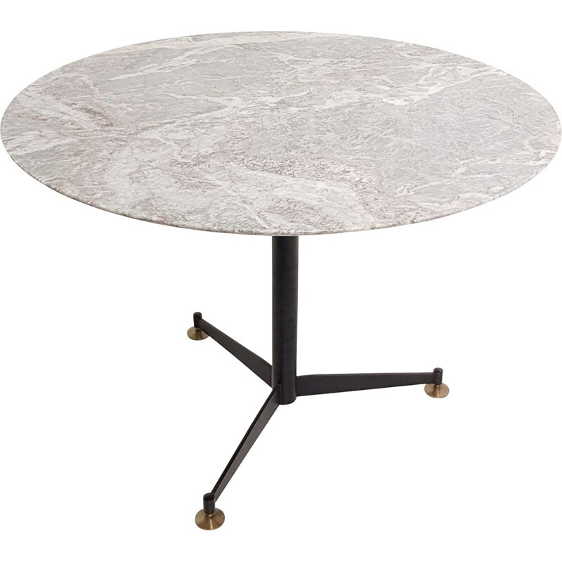 Table italienne vintage ronde en marbre et pied tripode en métal noir, 1970 