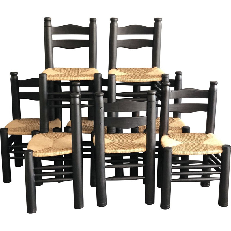 Set of 8 solid oak vintage chairs, stained black Charles Dudouyt 1940