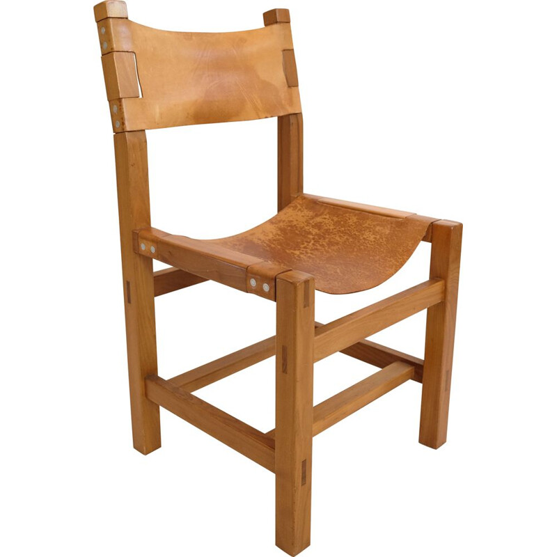 Chaise vintage en orme massif et cuir par Maison Regain, 1960-70