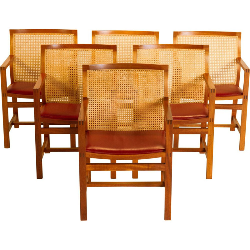 Set of 6 KINGSERIES armchairs in mahogany, leather and wickerwork by Thygsen & Sorensen, 1970
