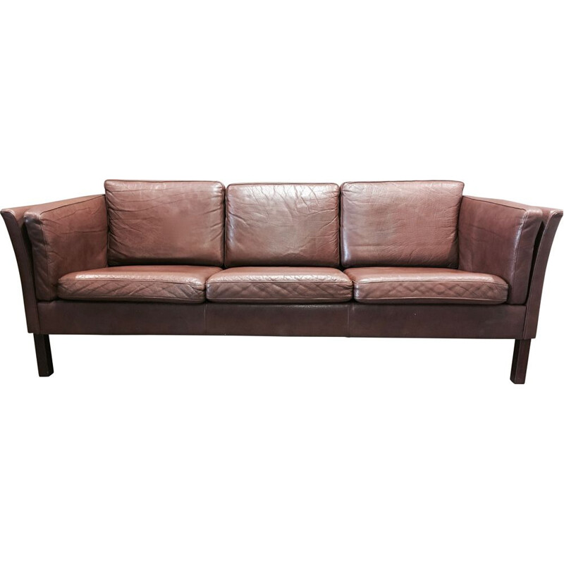 3-seater vintage brown leather sofa Scandinavian design
