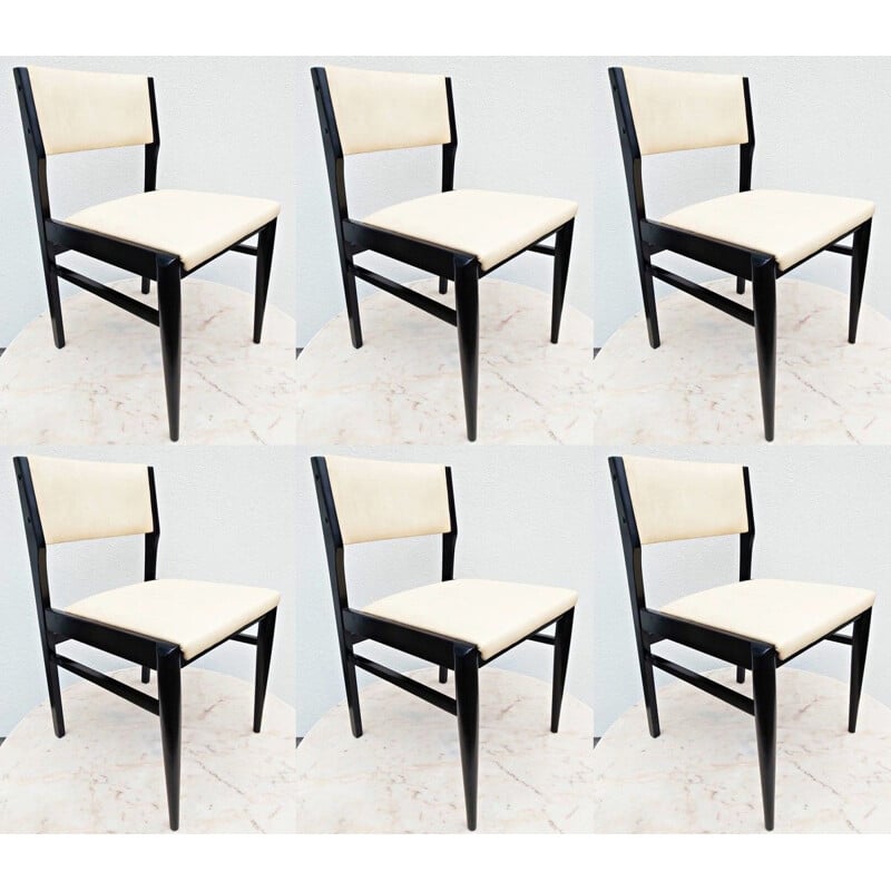 Ensemble de 6 chaises laquées noires et simili cuir vintage, 1960