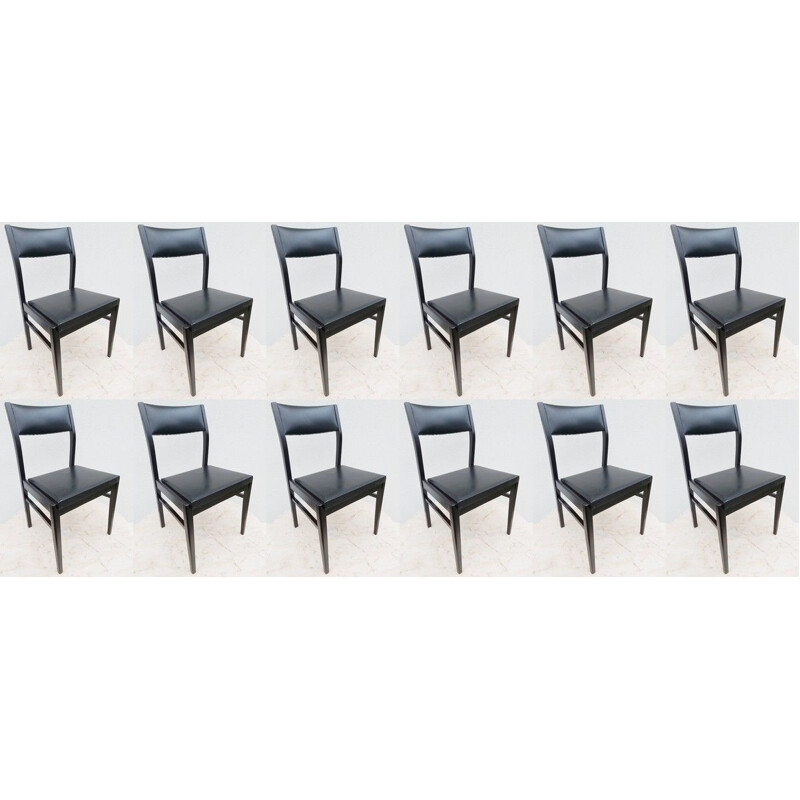 Suite de 12 chaises vintage en similicuir laqué noir, 1970