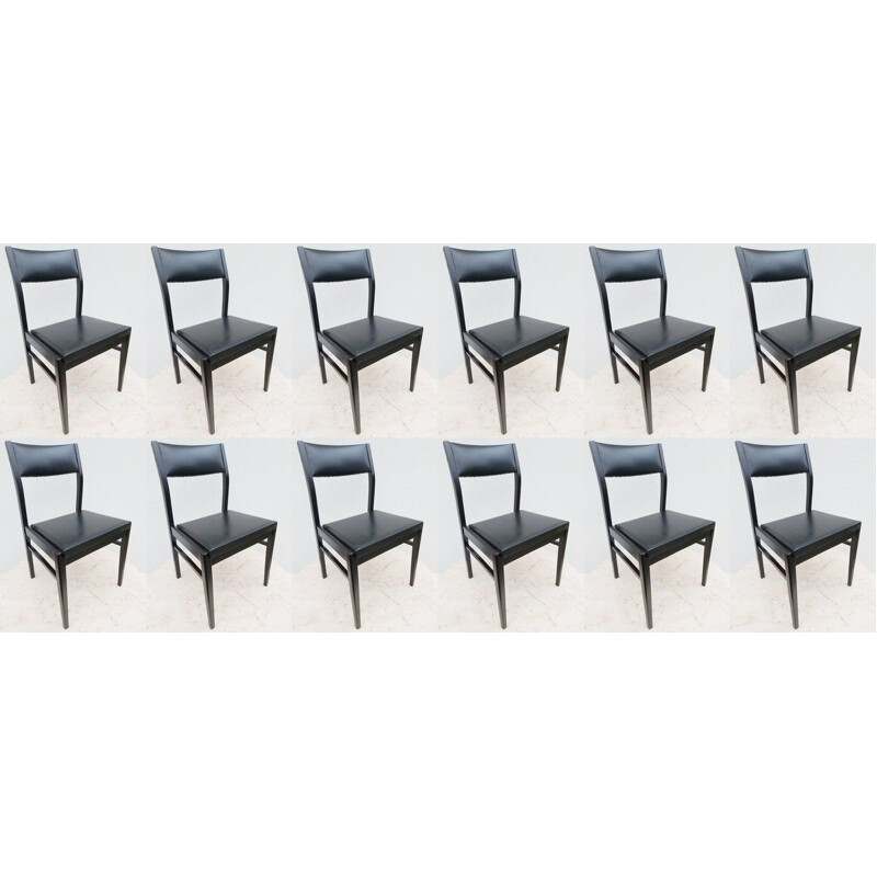 Suite of 12 vintage black lacquered leatherette chairs, 1970s