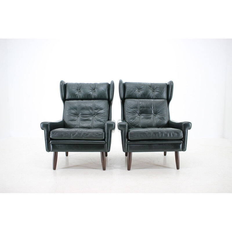 Vintage dark green leather armchair by Sven Skipper, Denmark, 1960s