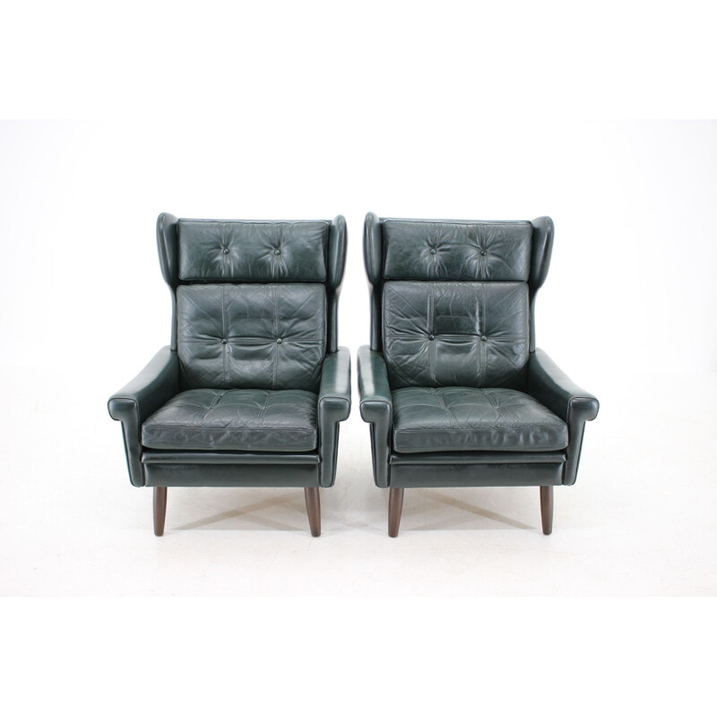 Vintage dark green leather armchair by Sven Skipper, Denmark, 1960s