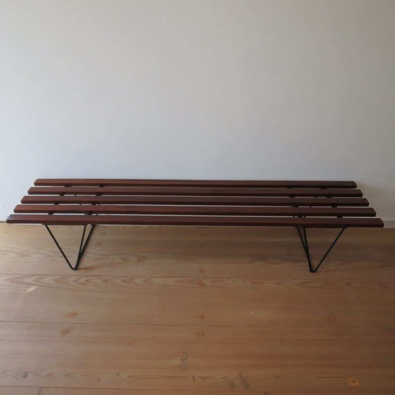 Vintage slatted Iroko bench in the style of Hille Interplan, 1960s 