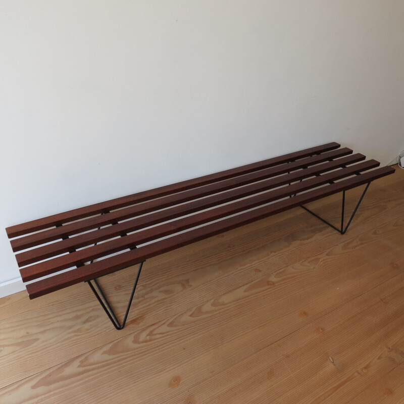 Vintage slatted Iroko bench in the style of Hille Interplan, 1960s 