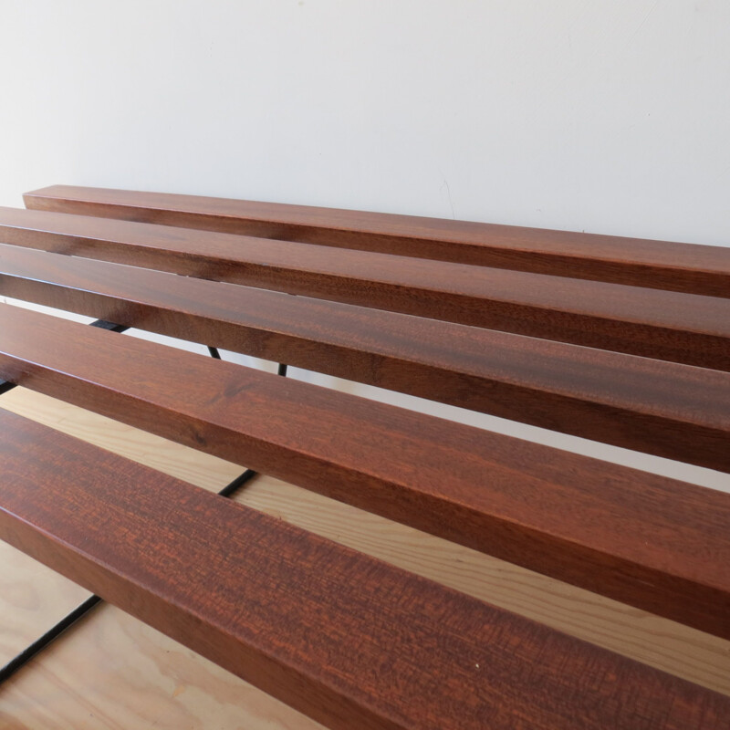 Vintage slatted Iroko bench in the style of Hille Interplan, 1960s 