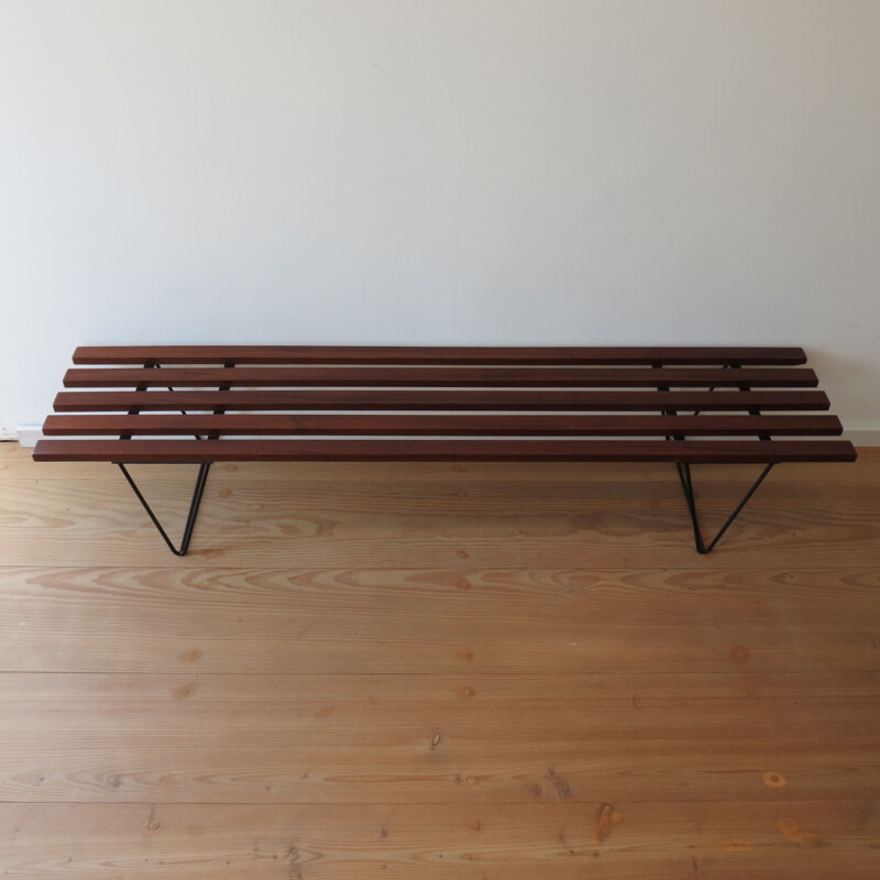 Vintage slatted Iroko bench in the style of Hille Interplan, 1960s 