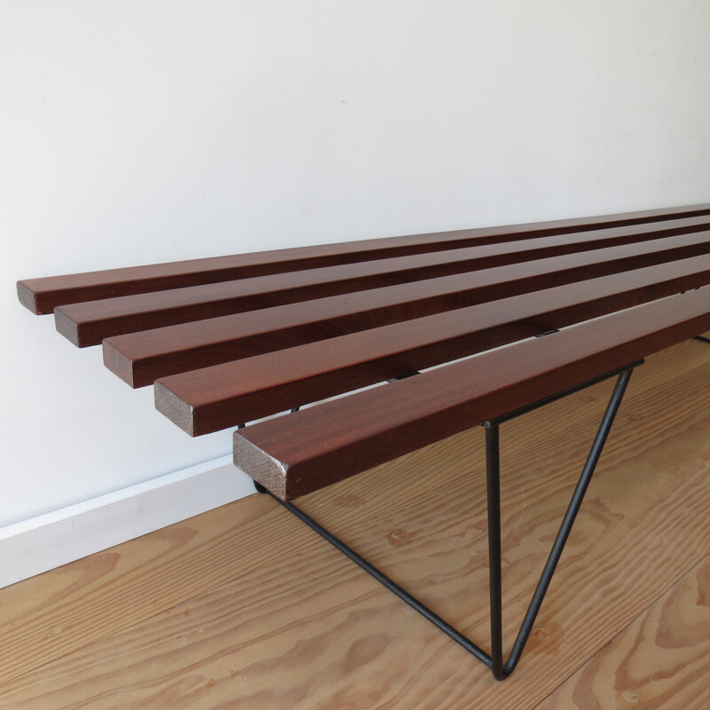 Vintage slatted Iroko bench in the style of Hille Interplan, 1960s 