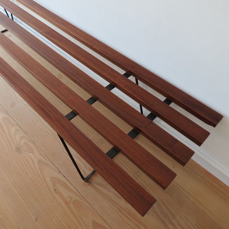 Vintage slatted Iroko bench in the style of Hille Interplan, 1960s 