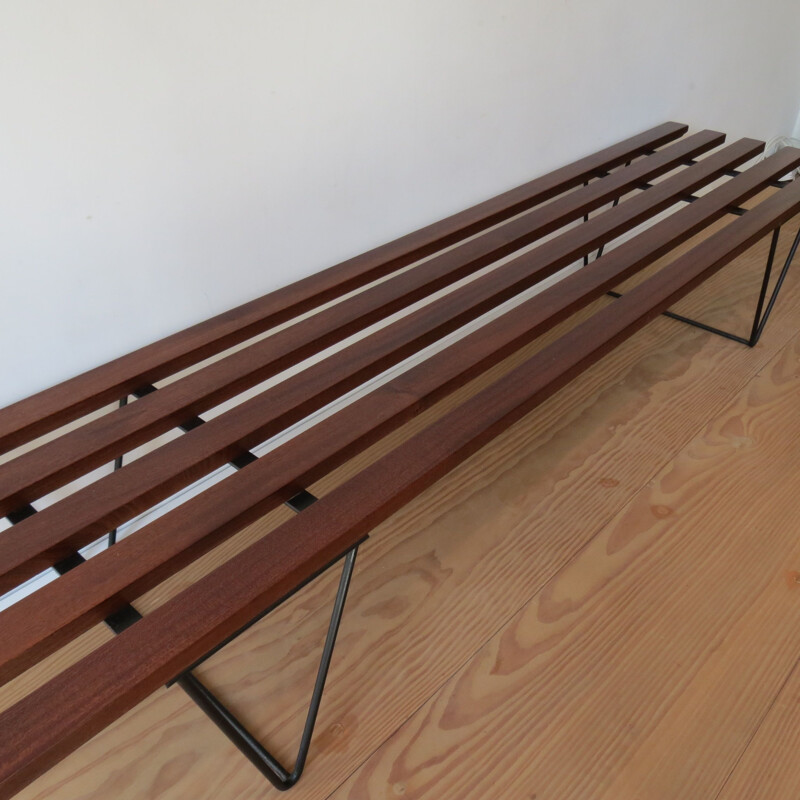 Vintage slatted Iroko bench in the style of Hille Interplan, 1960s 