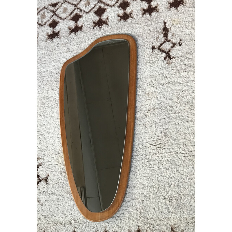 Asymmetrical free form vintage teak mirror, 1950-1960 