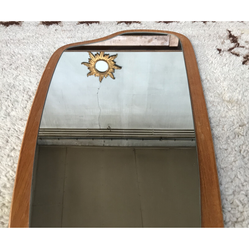 Asymmetrical free form vintage teak mirror, 1950-1960 