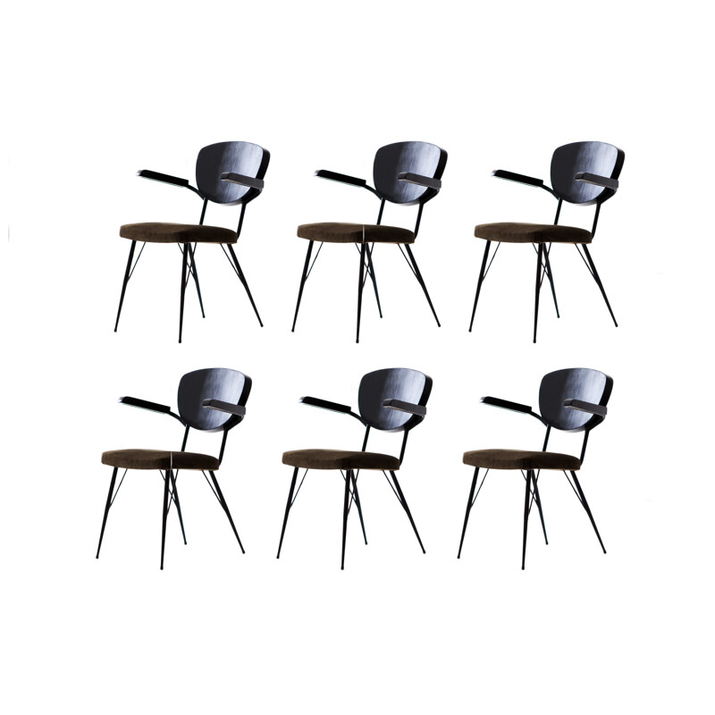Ensemble vintage de 6 chaises de salle à manger italiennes avec assise en cuir de daim naturel