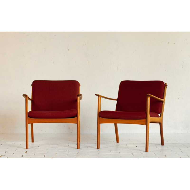 Pair of PJ112 mahogany and red wool armchairs by Ole Wanscher, 1951
