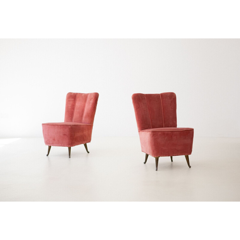 Pair of vintage Italian Pink Velvet Easy Chairs by ISA, 1950