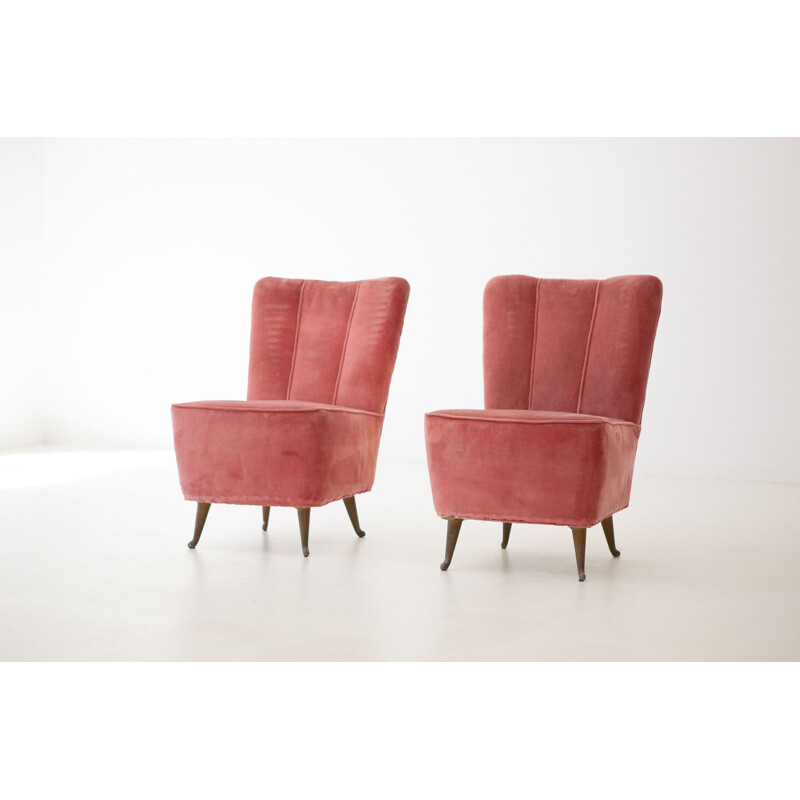 Pair of vintage Italian Pink Velvet Easy Chairs by ISA, 1950