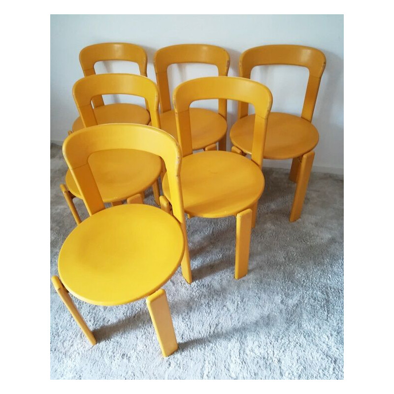 Suite of 6 vintage yellow chairs by Bruno Rey