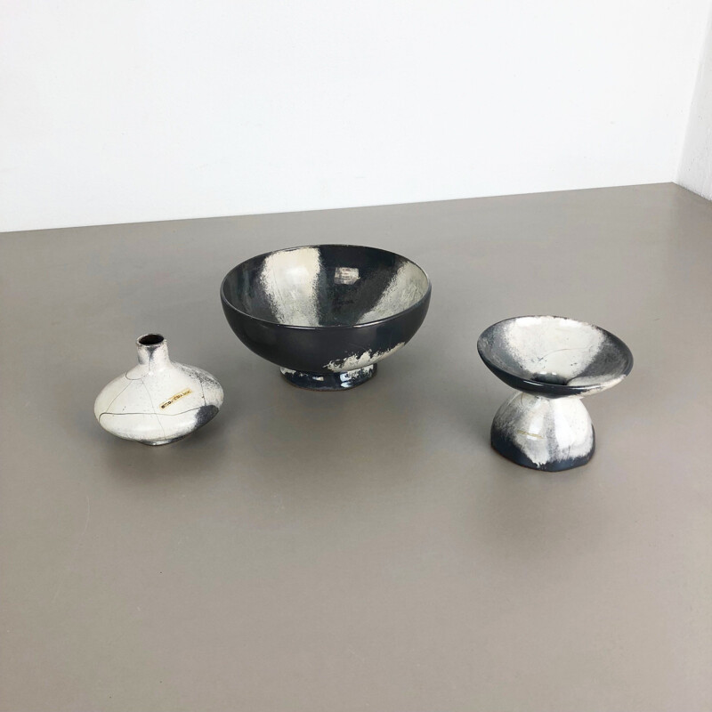 Set of 3 grey ceramic workshop vases by Otto Keramik, Germany 1980
