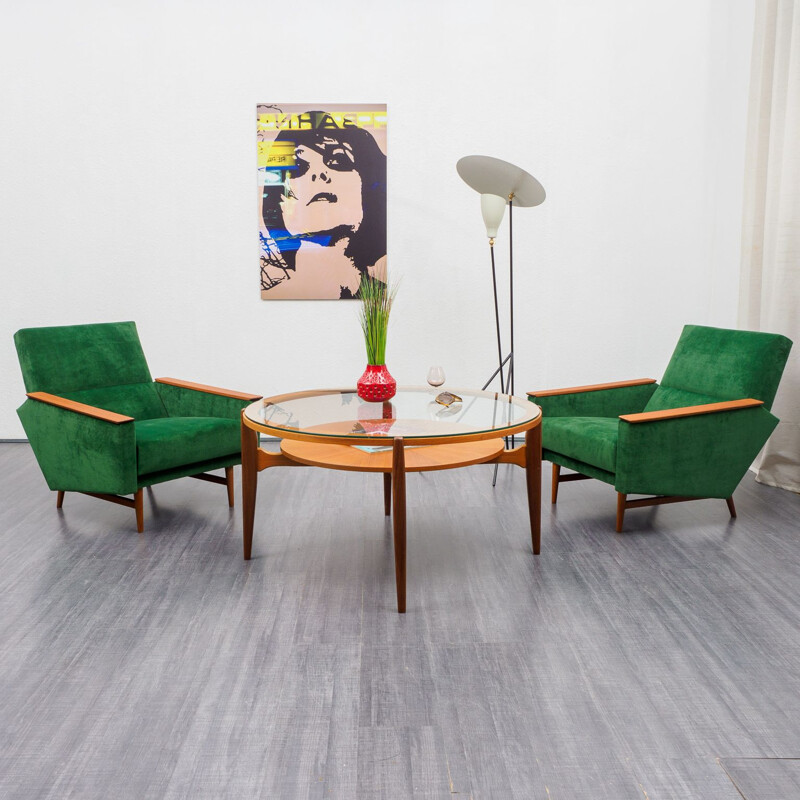 Glass and teak vintage coffee table, 1960s