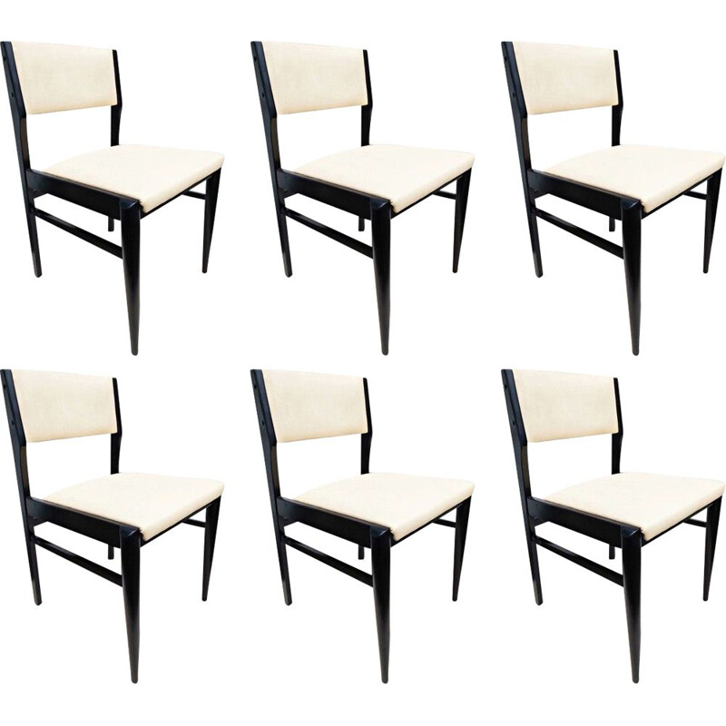 Set of 6 vintage black lacquered chairs and leatherette, 1960s