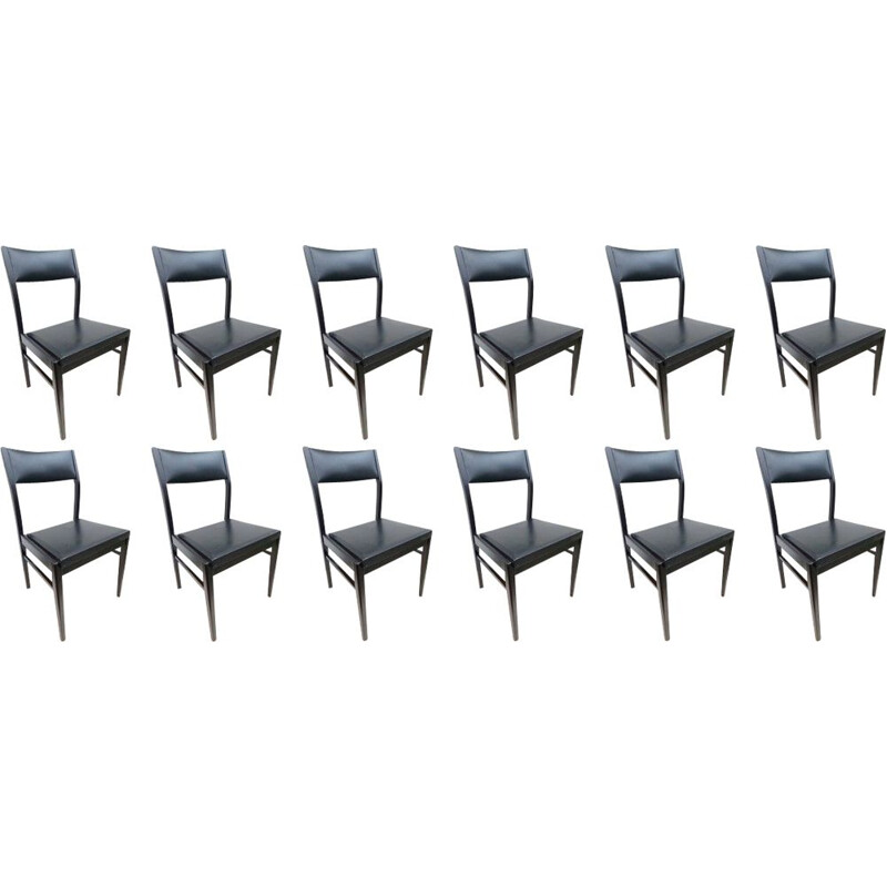 Suite of 12 vintage black lacquered leatherette chairs, 1970s