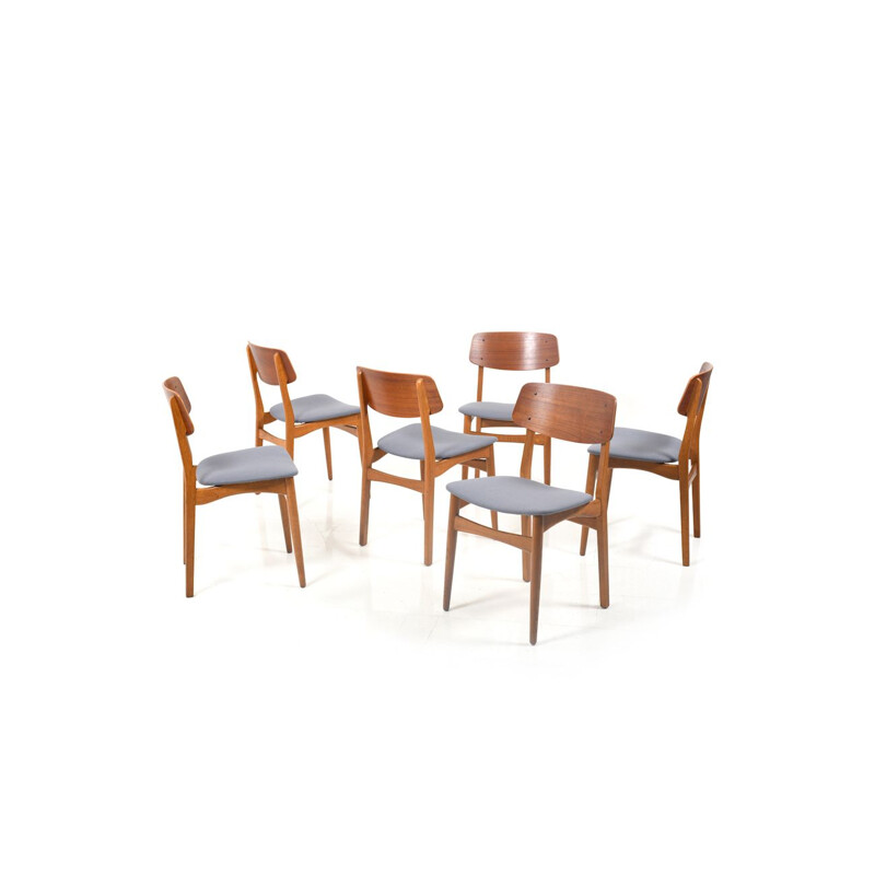 Ensemble de 6 chaises à repas danoises vintage en teck et en chêne