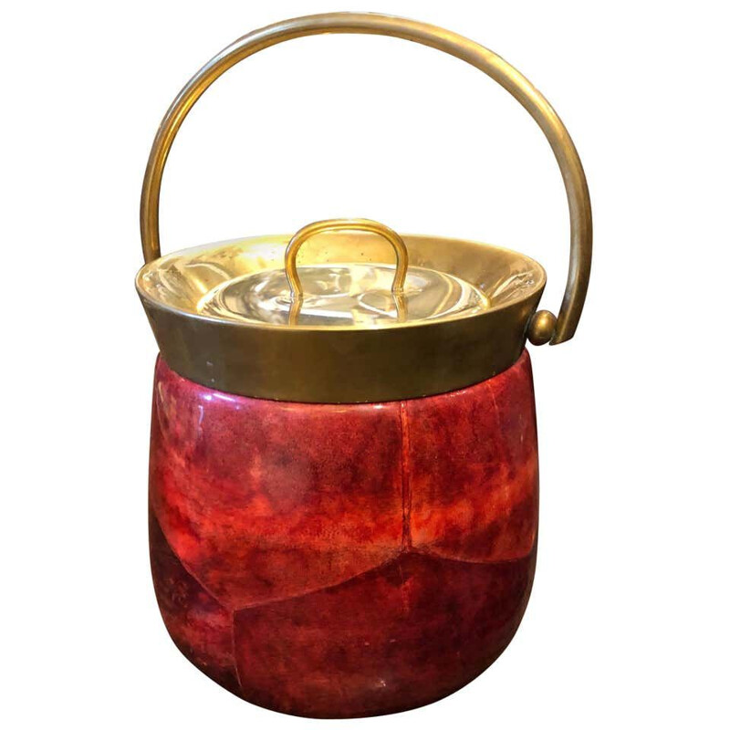 Modern Red Goatskin and Brass Ice Bucket, Mid-Century circa 1950