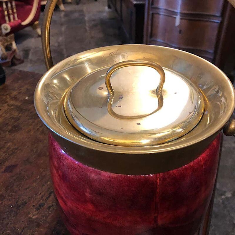 Modern Red Goatskin and Brass Ice Bucket, Mid-Century circa 1950