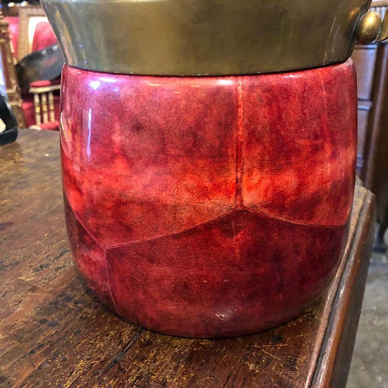 Modern Red Goatskin and Brass Ice Bucket, Mid-Century circa 1950