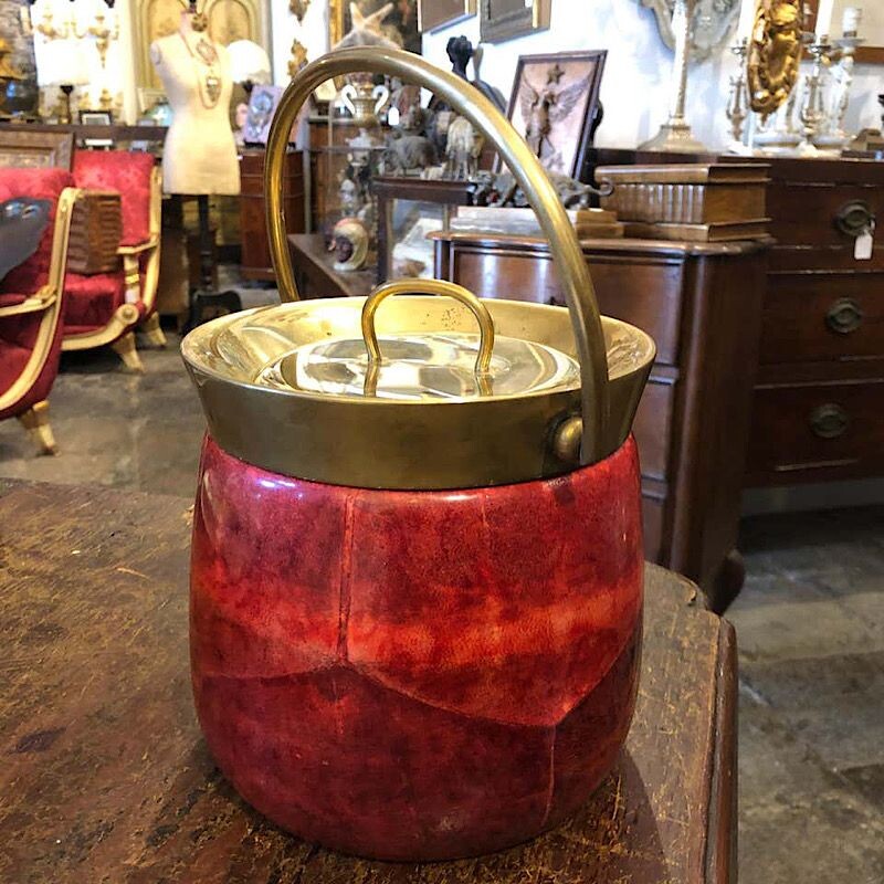 Modern Red Goatskin and Brass Ice Bucket, Mid-Century circa 1950