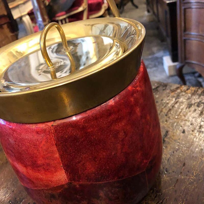 Modern Red Goatskin and Brass Ice Bucket, Mid-Century circa 1950