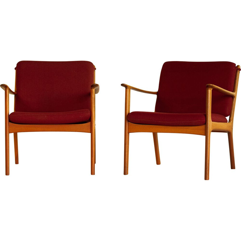 Paire de fauteuils PJ112 en acajou et laine rouge par Ole Wanscher, 1951