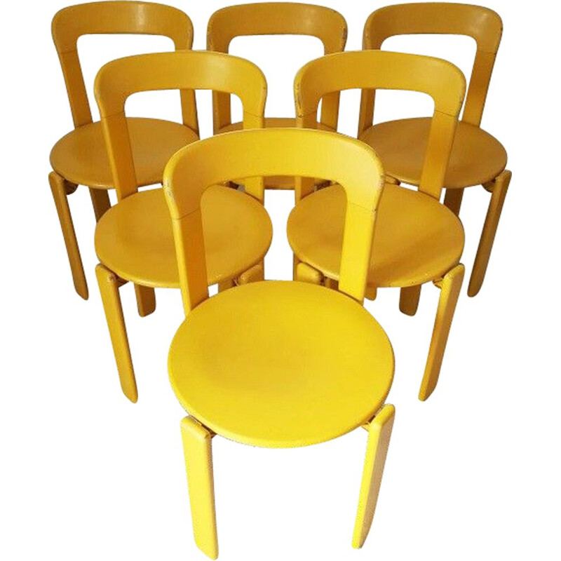 Suite of 6 vintage yellow chairs by Bruno Rey