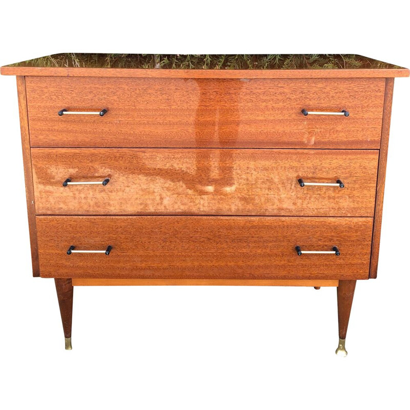 vintage lacquered chest of drawers, brass details 1950